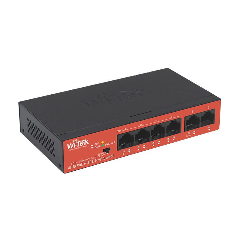 Wi-Tek 6-Port Unmanaged POE Switch, 4 x POE, 2 x Uplink, 250m Transmission Distance on CCTV Mode, 40W, Max 30W Per Port, Desktop / Wall Mount