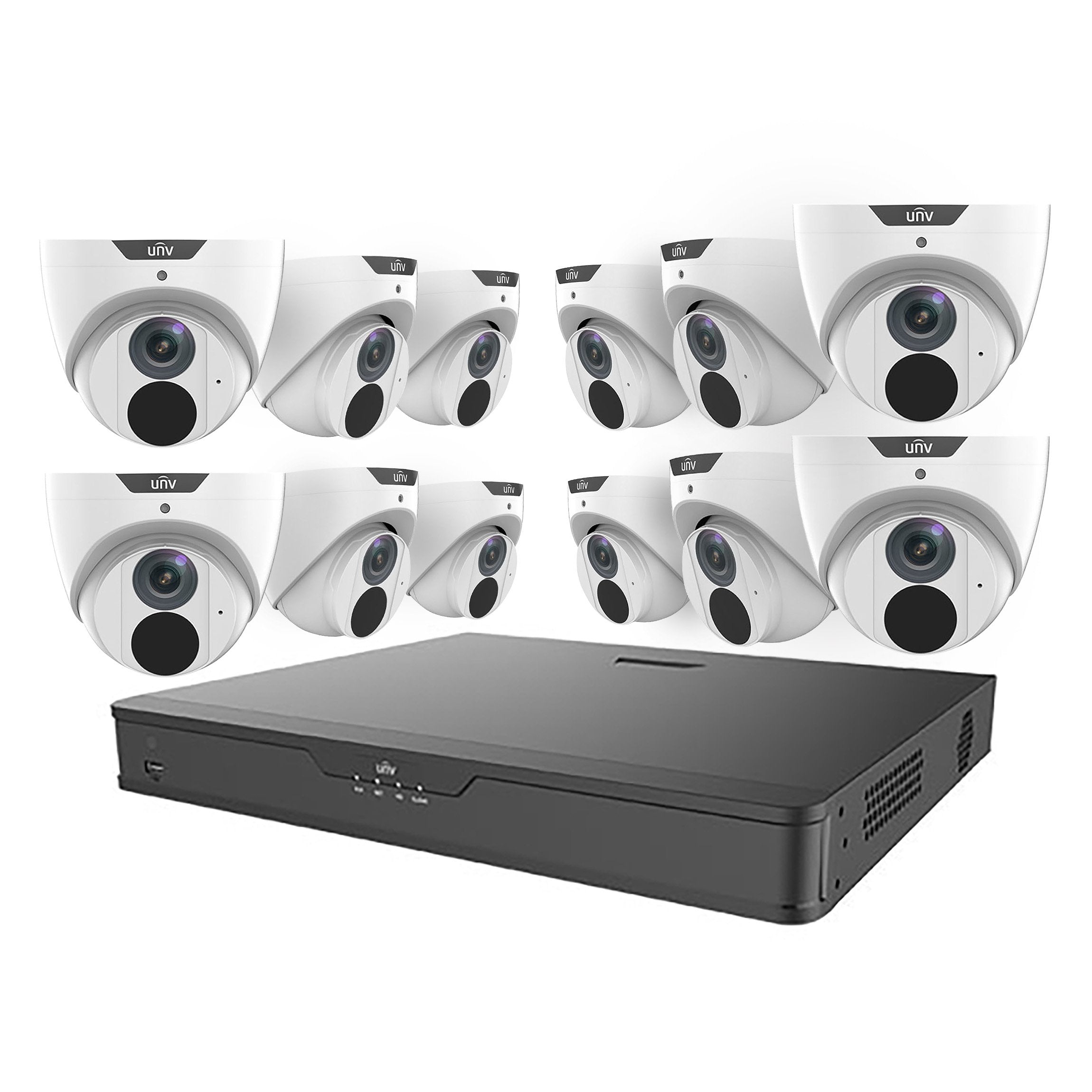 Uniview 16CH Easy Series 8MP Turret Kit - 1 x NVR302-16E2-P16-4TB, 12 x IPC3618LE-ADF28K-GM | Low Light, 2.8mm, 120dB WDR, 30m IR, Built-in Mic, IP67 (Wall Mount: TR-WM03-B-IN, Junction Box: TR-JB03-G-IN)