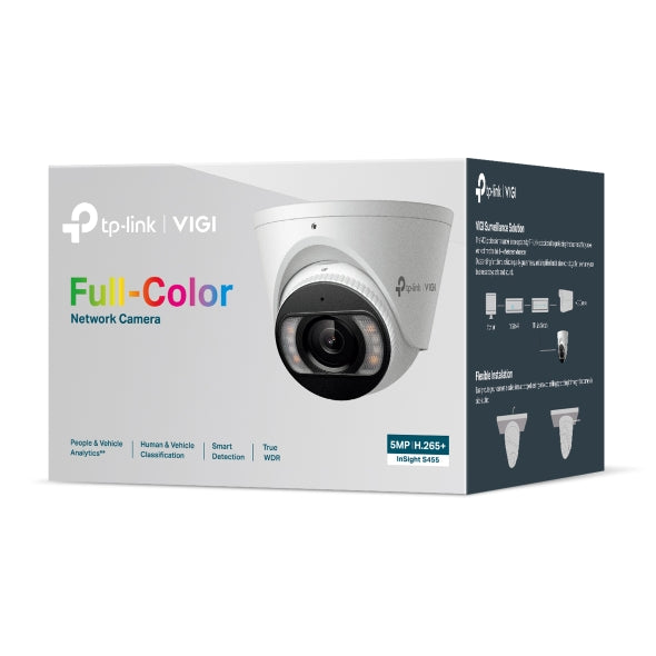VIGI By TP-Link 5MP Full-Color Turret, 1/2.7" CMOS, 2.8mm Fixed Lens, 120dB WDR, IR/White Light 30m, Human & Vehicle Detection, Smart Detection Suite, SmartVid (Smart IR, 3D DNR, BLC), Built-in Mic & Speaker, MicroSD Slot, H.265+, IP67, 12VDC/PoE