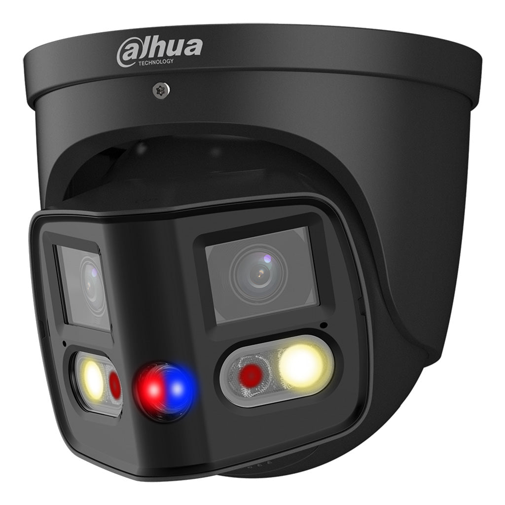 Dahua 2 x 4MP IP WizSense AI Series Full Colour Active Deterrence TiOC 180 Degree Wide Angle Panoramic Turret Camera, SMD 4.0, Quick Pick, Perimeter, Starlight, 2.8mm, 120dB WDR, 25m IR, 20m White Light, POE / 12VDC, IP67, MicroSD, Built-in Dual Mics /