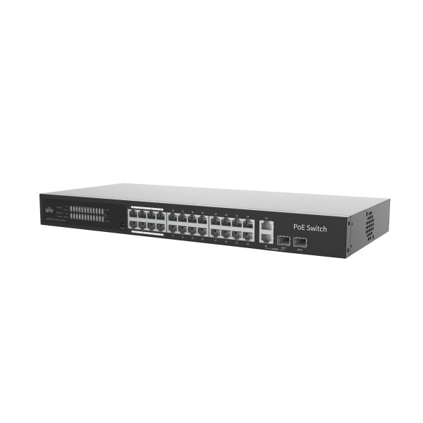 **SUPPLY DELAY (15 AUG)** Uniview 24-Port Cloud Managed Gigabit PoE+ Switch, 24x PoE+ Ports (802.3af/at, 30W Per Port, 250W Total), 1x Gigabit RJ45 Uplink, 1x Gigabit SFP, 1x Combo Port, 250m Extended PoE, VLAN, QoS, Rack Mount