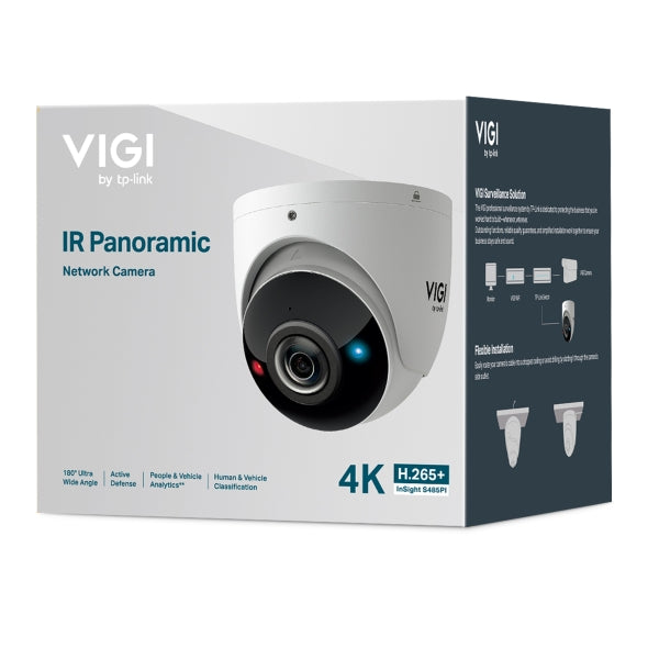 VIGI By TP-Link 8MP Panoramic Turret, 1/2.7" CMOS, 1.65mm F2.0, 180° Horizontal FoV, 120dB True WDR, IR 20m, Red/Blue Strobe, Human & Vehicle Detection, Analytics, Built-in Mic & Speaker, Audio I/O, MicroSD Slot, H.265+, IP67, IK10, 12VDC/PoE