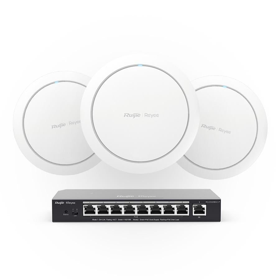 **NEW** Ruijie Reyee Internal WiFi6 Access Point Package Includes 3 x RAP2266 AX3000 Access Point, 574Mbps, Dual Band Up To 2402Mbps, POE / 12VDC (Up To 40M Range), 1 x RG-ES209GC-P 9-Port Gigabit Cloud Managed POE Switch, 8 x POE+