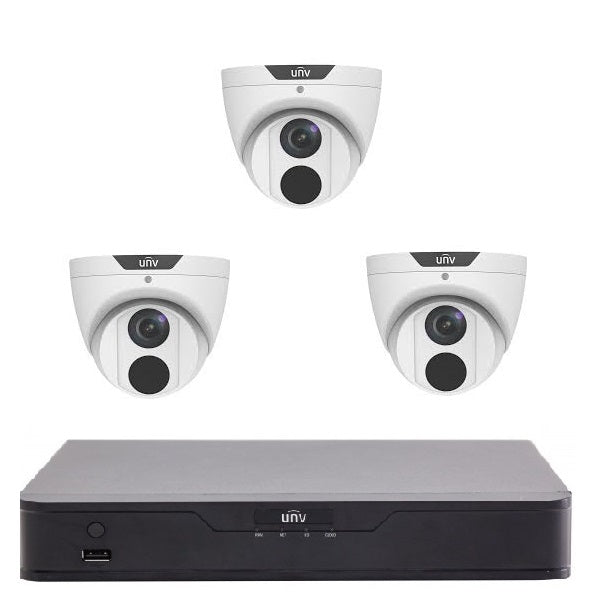 Uniview 4CH Easy Series 6MP Turret Kit - 1× NVR301-04B-P4-IQ, 3× IPC3616LE-ADF28KM, 2.8mm, 120WDR, 30m IR, Built-in Mic, POE or 12VDC, IP67 (Wall Mount: TR-WM03-D-IN, Junction Box: TR-JB03-G-IN) **NO HARDDRIVE**