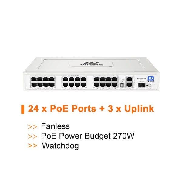 Wi-Tek WiKing 24 Port Non-Managed PoE Switch (24x PoE Ports, 2x Uplink Ports, 1x SFP Port) 250m Long Range, 270W Power Budget, PoE Watchdog