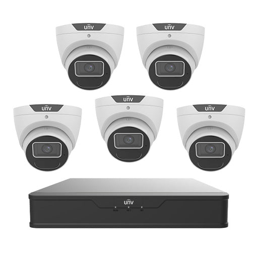 Uniview 8CH Prime II AI Series 6MP Turret Kit - 1× NVR301-08B-P8-IQ, 5× IPC3616SS-ADF28KM-I1 | Low Light, 2.8mm, 120dB WDR, 40m IR, Built-in Mic, IP67 (Wall Mount: TR-WM03-B-IN, Junction Box: TR-JB03-G-IN) **NO HARDDRIVE**