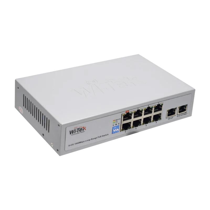 Wi-Tek 10-Port Gigabit Unmanaged POE Switch, 7 x POE, 1 x Hi-POE, 2 x Gigabit Uplink, 250m Transmission Distance on Extend Mode, 100W, Max 60W On Port 1, Desktop / Wall Mount