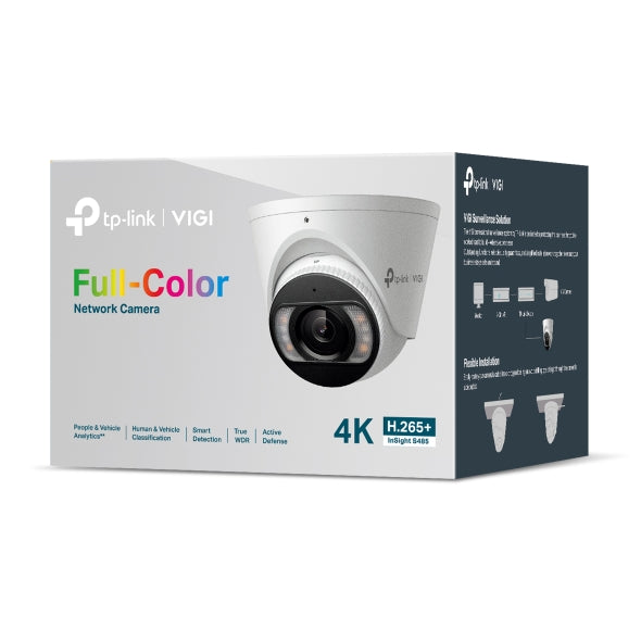 VIGI By TP-Link 8MP Full-Color Turret, 1/2.7" CMOS, 2.8mm F1.6, 120dB True WDR, IR/White Light 30m, Human & Vehicle Detection, People & Vehicle Analytics, Smart Detection, SmartVid, Built-in Mic & Speaker, MicroSD Slot, H.265+, IP67, 12VDC/PoE