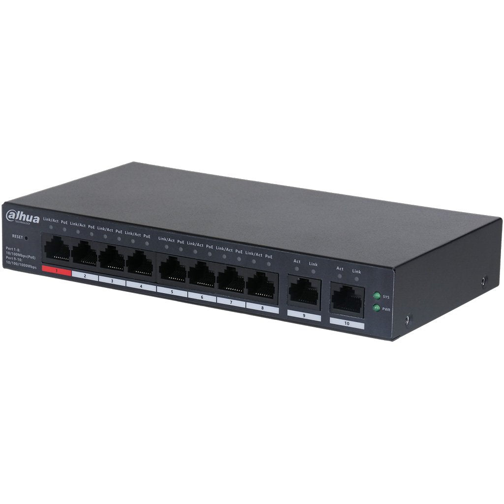 Dahua 10-Port Gigabit Layer 2 Cloud Managed Hi-POE 250m Switch, 8 x POE 10/100Mbps Port, 2 x Gigabit Uplink, 110W, Max 90W On Port 1, Desktop / Wall Mount