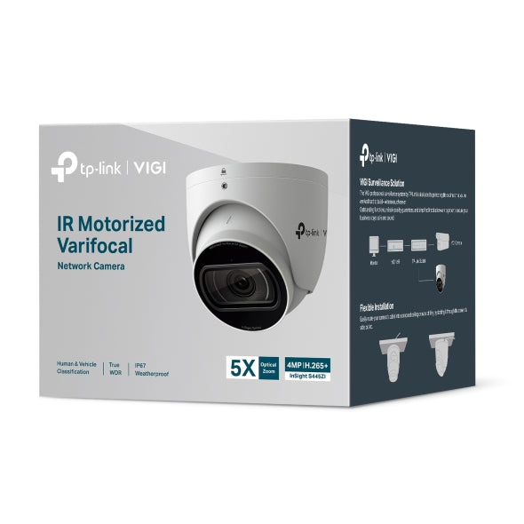 VIGI By TP-Link 4MP Varifocal Turret, 1/2.9" CMOS, 2.7–13.5mm Motorized Lens (5x), 120dB WDR, IR 60m, Human & Vehicle Detection, People & Vehicle Analytics, Smart Detection, SmartVid (Smart IR, 3D DNR, BLC), Built-in Mic, Audio & Alarm I/O, MicroSD Slot