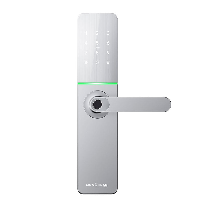 Lionhead Lock Enmore Luxe Series **SILVER** Leverset Electric Mortice Lock With BLE, PIN Entry, Fingerprint / Prox Reader, E-Key & Key Overridable Lock, Track Key 6068 **REQUIRES 4x AA BATTERIES**