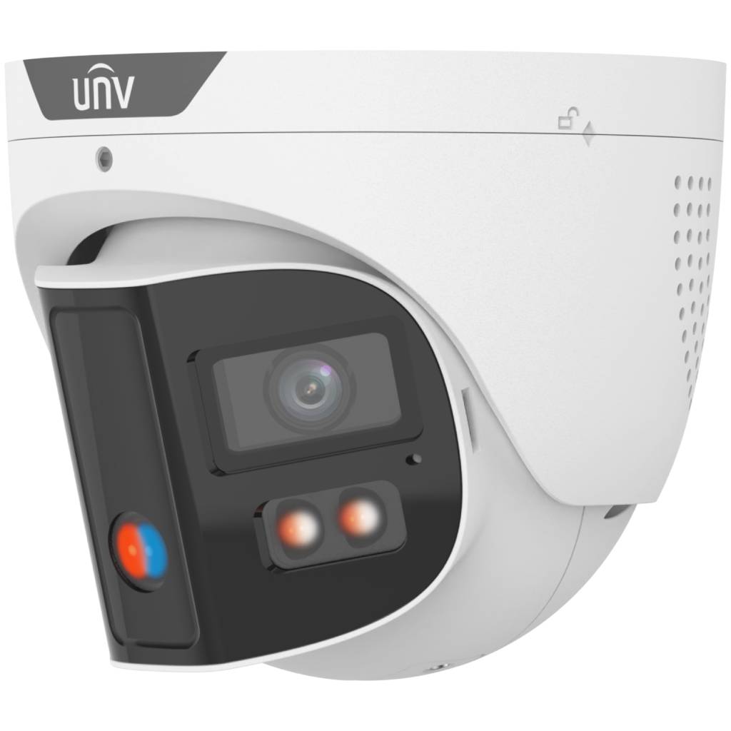 Uniview 2 x 4MP IP Prime III Deep Learning AI Series 180 Degree Vandal Wide Angle Panoramic IR Tri-Guard Turret, Perimeter, ColorHunter, 2.8mm, 130dB WDR, 30m IR / White Light, POE / 12VDC, IP67, IK10, Built-in Mic / Speaker / Red / Blue Lights (Wall Mo