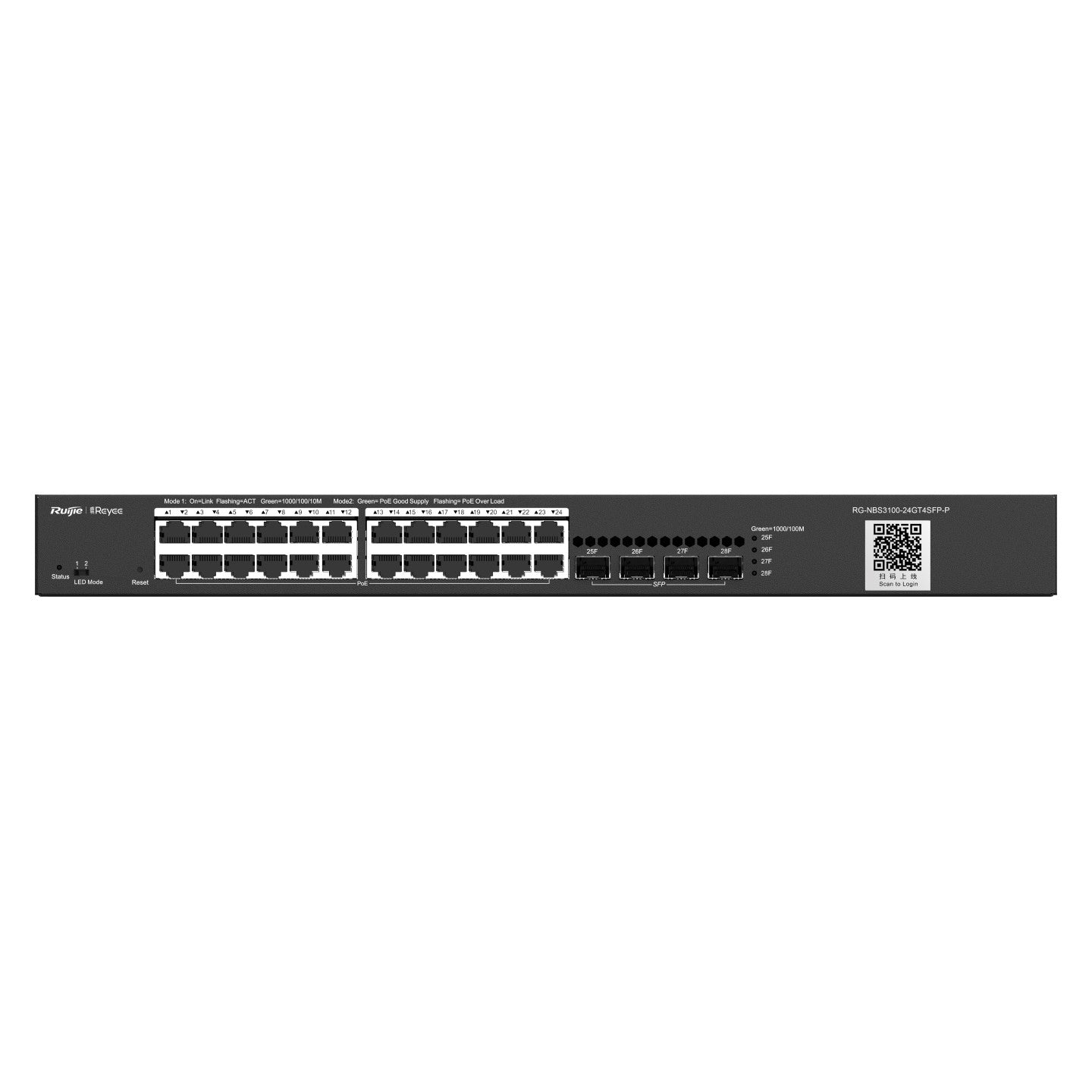 Ruijie Reyee 28-Port Gigabit Cloud Managed POE Switch, 24 x POE+, 4 x SFP, 370W, Rack Mount