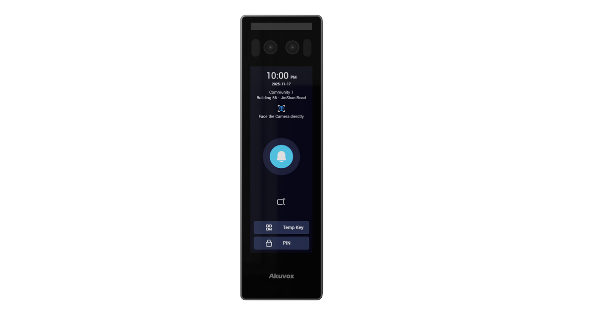 Akuvox Standalone Mullion Intercom, 2MP HDR, Face Recognition, Keypad Combo, Access Control, 2 Relays & 4 Inputs, Wave To Unlock BLE, 13.56MHz / 125kHz Reader & NFC, QR Codes, 4" Touch Screen, Wiegand, RS485, Tamper Alarm, IP65, POE / 12VDC, Surface Mount
