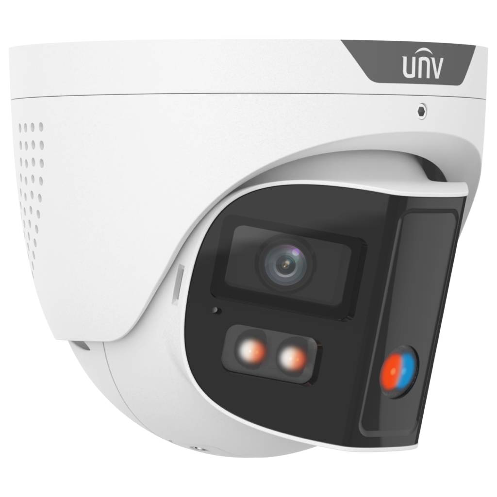 Uniview 2 x 4MP IP Prime III Deep Learning AI Series 180 Degree Vandal Wide Angle Panoramic IR Tri-Guard Turret, Perimeter, ColorHunter, 2.8mm, 130dB WDR, 30m IR / White Light, POE / 12VDC, IP67, IK10, Built-in Mic / Speaker / Red / Blue Lights (Wall Mo