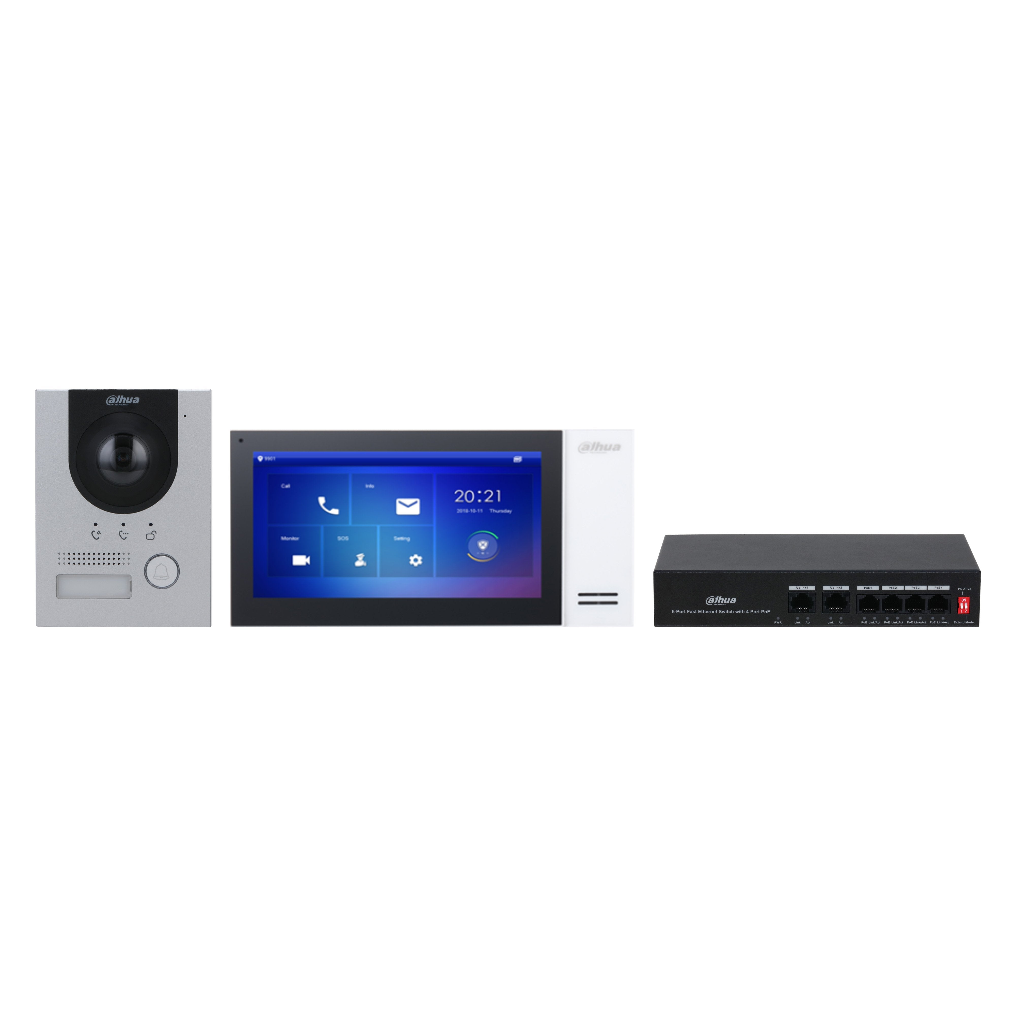 Dahua IP 7" Intercom Kit WHITE - Includes 1 x VTH2421FW-P White Touchscreen, 1 x DHI-VTO2201F-P 2MP **SURFACE** Mount 1PB External Station, 1 x PFS3005-4ET-36 4-Port POE Switch, 1 x VTM115 Surface Mount Back Box