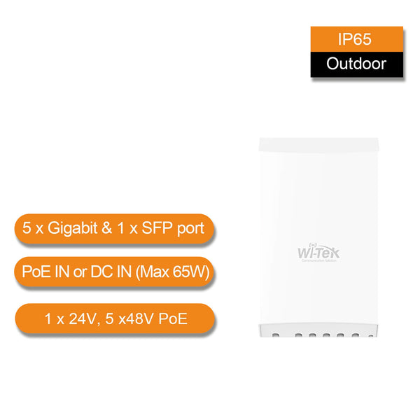 Wi-Tek 6-Port Outdoor Gigabit Unmanaged POE Switch, 5 x POE, 1 x SFP, 83W, Max 60W On Port 1, Passive 24V POE Out On Port 2, POE In On Port 4 / 48VDC, Wall / Pole Mount ***POWER SUPPLY NOT INCLUDED***