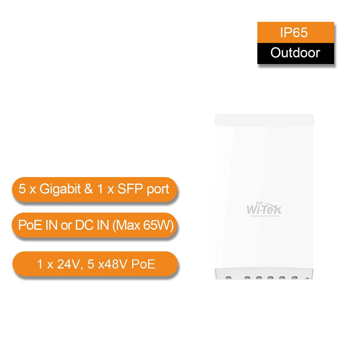 Wi-Tek 6-Port Outdoor Gigabit Unmanaged POE Switch, 5 x POE, 1 x SFP, 83W, Max 60W On Port 1, Passive 24V POE Out On Port 2, POE In On Port 4 / 48VDC, Wall / Pole Mount ***POWER SUPPLY NOT INCLUDED***
