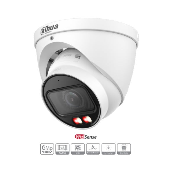 Dahua 6MP IP WizSense AI Series IR Motorised Eyeball Camera, SMD 4.0, AcuPick, AI SSA, Perimeter, Starlight, 2.7-13.5mm, 120dB WDR, Smart Dual light, 50m IR, POE / 12VDC, IP67, MicroSD, Built-in Mic (Wall Mount: PFB205W, Junction Box: PFA137)
