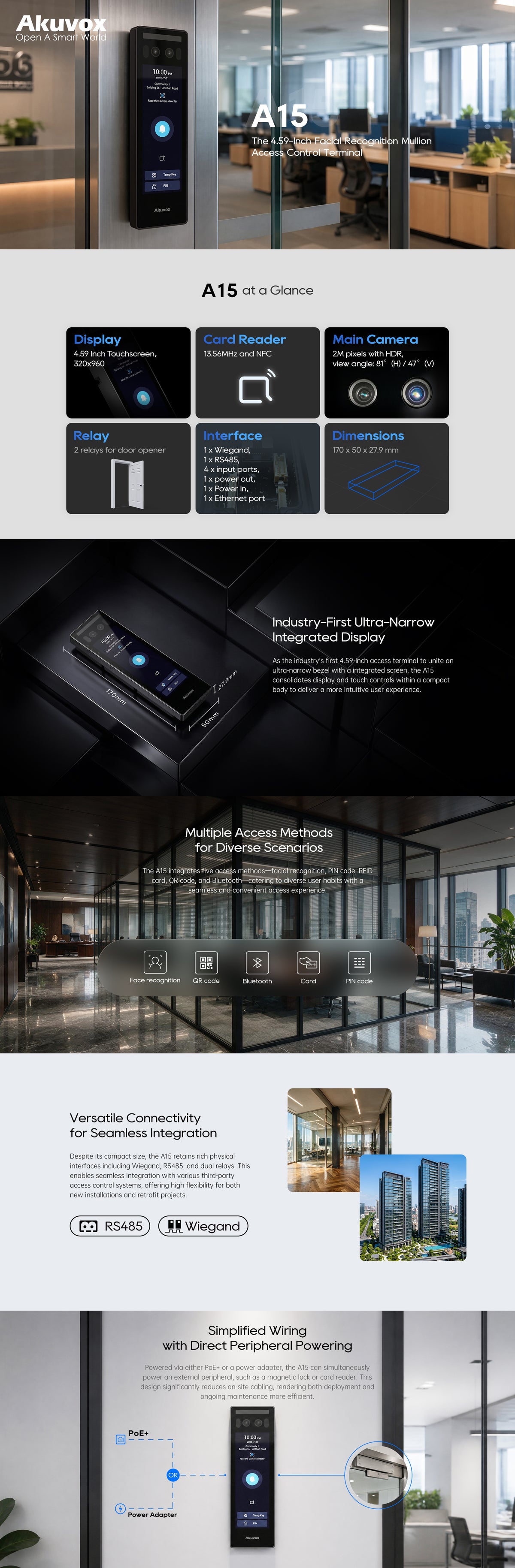 Akuvox Standalone Mullion Intercom, 2MP HDR, Face Recognition, Keypad Combo, Access Control, 2 Relays & 4 Inputs, Wave To Unlock BLE, 13.56MHz / 125kHz Reader & NFC, QR Codes, 4" Touch Screen, Wiegand, RS485, Tamper Alarm, IP65, POE / 12VDC, Surface Mount