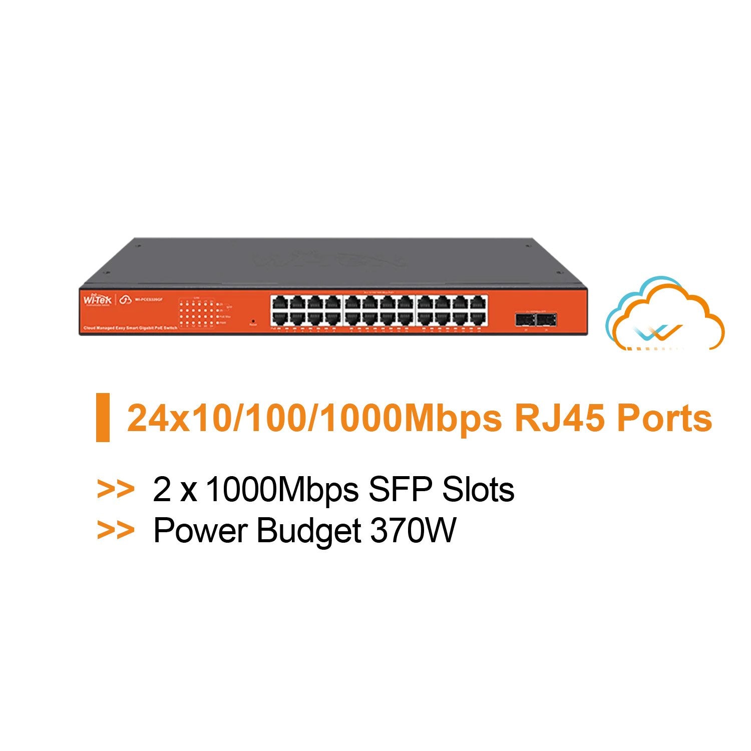 Wi-Tek 26-Port Gigabit Cloud Managed POE Switch, 24 x POE, 2 x SFP, 370W, Max 30W Per Port, Rack Mount