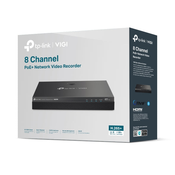 VIGI By TP-Link 8 Channel PoE+ NVR, 4K HDMI & VGA Output, 8MP Support, 8 Channel @ 4MP Decoding, 160Mbps Bandwidth, H.265+, Smart Detection & Alarms, Two-Way Audio, Simultaneous Playback, ONVIF, Remote Monitoring, Dual SATA up to 32TB, 8× PoE+ Ports, 90