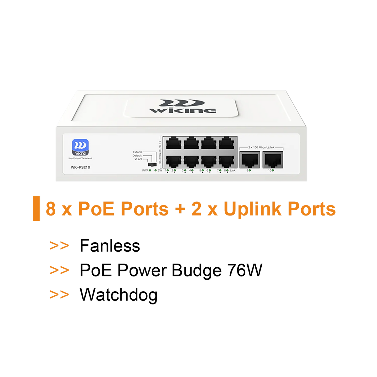 Wi-Tek WiKing 10 Port Non-Managed PoE Switch (8x PoE Ports, 2x Uplink Ports) 250m Long Range, 45W Power Budget, PoE Watchdog