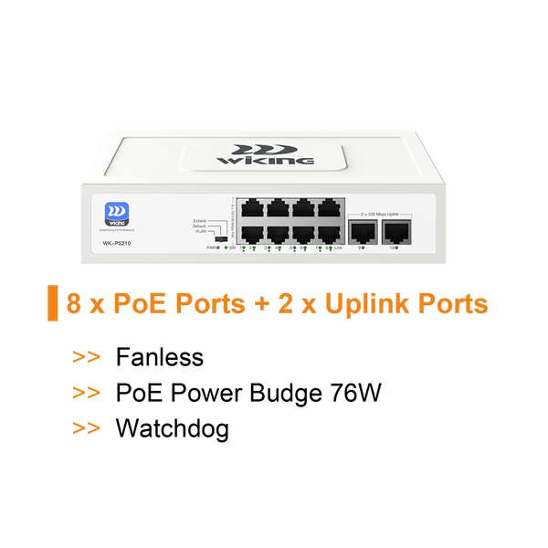 Wi-Tek WiKing 10 Port Non-Managed PoE Switch (8x PoE Ports, 2x Uplink Ports) 250m Long Range, 45W Power Budget, PoE Watchdog