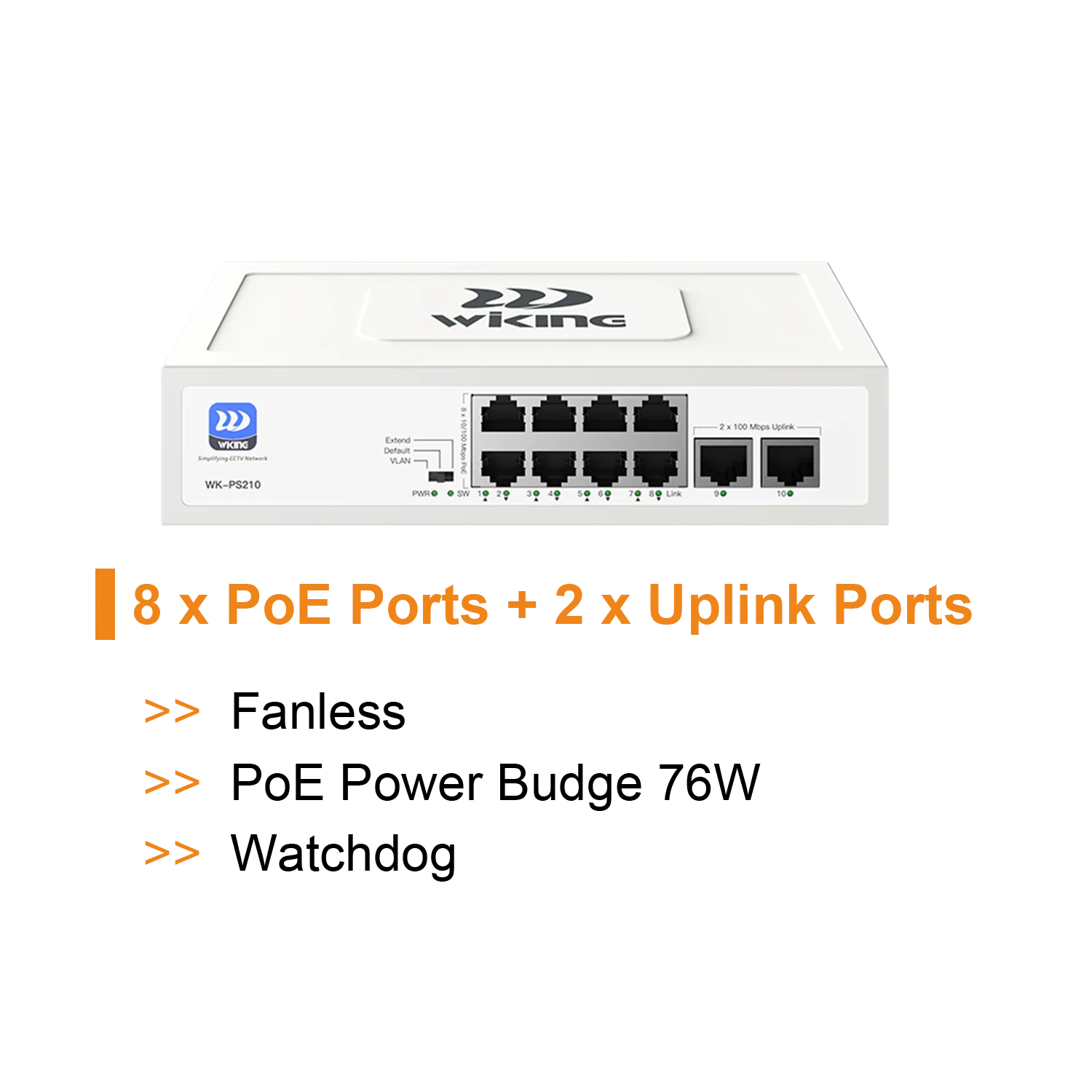 Wi-Tek WiKing 10 Port Non-Managed PoE Switch (8x PoE Ports, 2x Uplink Ports) 250m Long Range, 45W Power Budget, PoE Watchdog