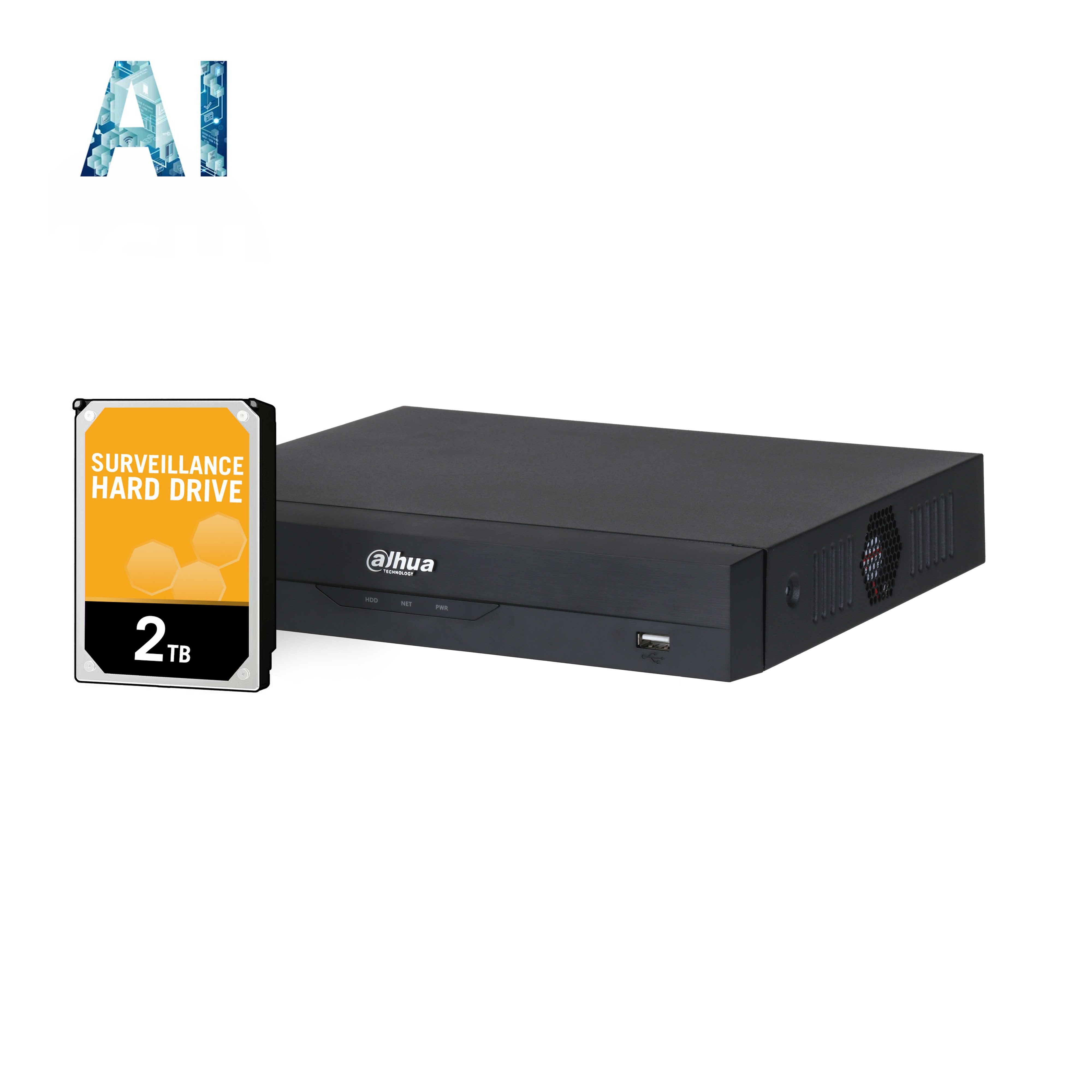 Dahua 4 Channel WizSense AI Series NVR, 80MB, 1 x HDMI / 1 x VGA, 1 x 100MB NIC, 4 x POE, 1RU, 1 x HDD, 1 x 2TB HDD Installed