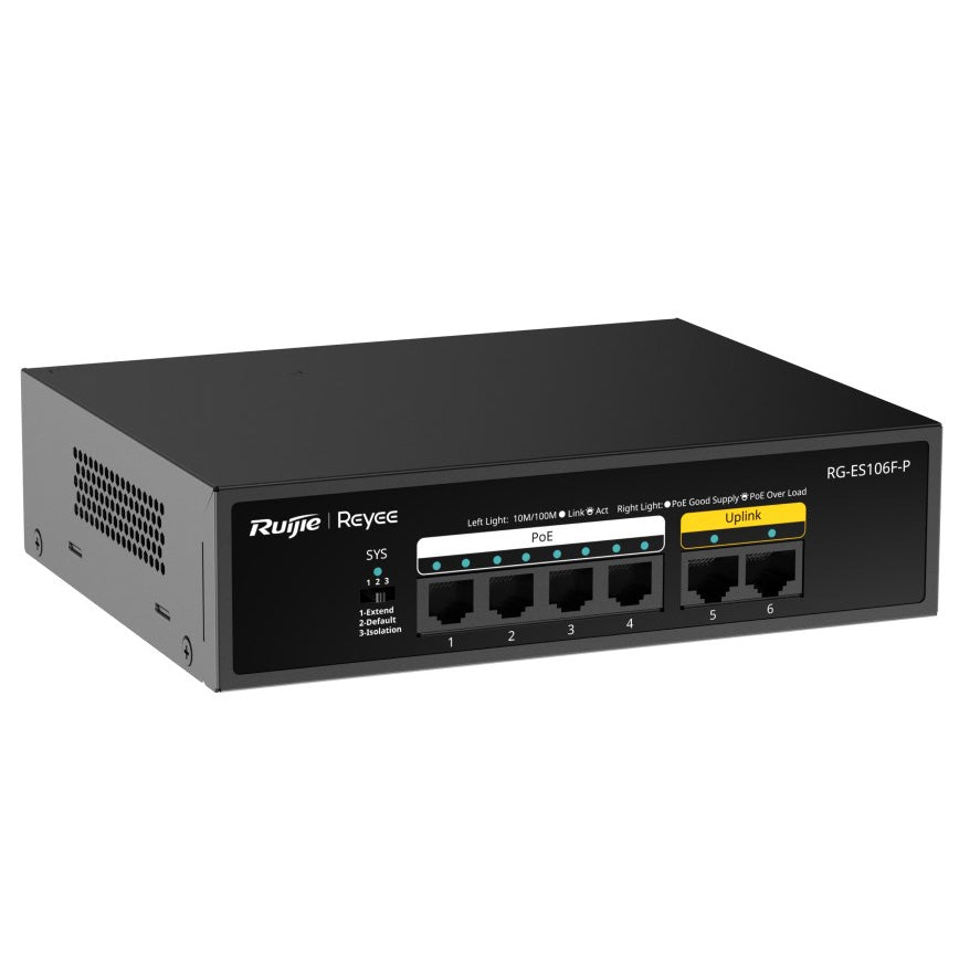 **SUPPLY DELAY (TBC)** Ruijie Reyee 6-Port Unmanaged POE Switch, 4 x POE+, 2 x 100Mbps Uplink, 250m Transmission Distance on Extend Mode,54W, Max 30W Per Port, Desktop / Wall Mount