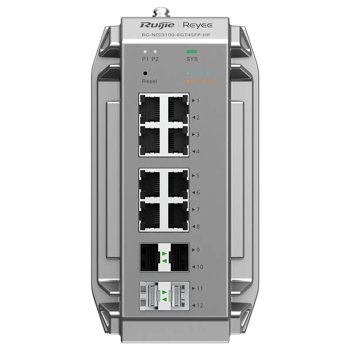 Ruijie Reyee 12-Port Gigabit Cloud Managed Industrial POE Switch, 8 x POE+, 4 x SFP, 12/48 VDC, 60W (240W Powered By 48VDC) DIN Mount