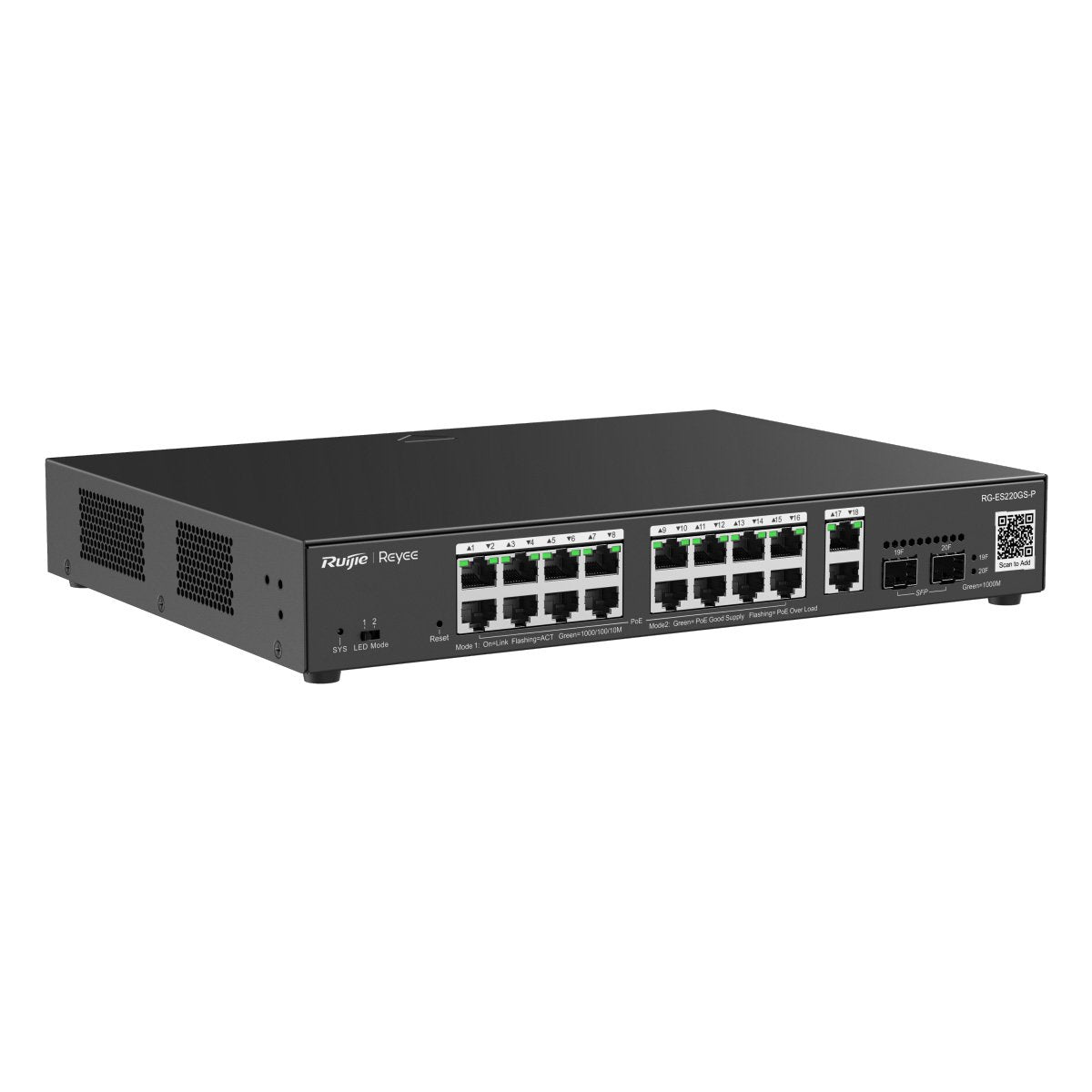 Ruijie Reyee 18-Port Gigabit Cloud Managed POE Switch, 16 x POE+, 2 x Gigabit SFP Combo Uplink, 250W, Desktop Mount