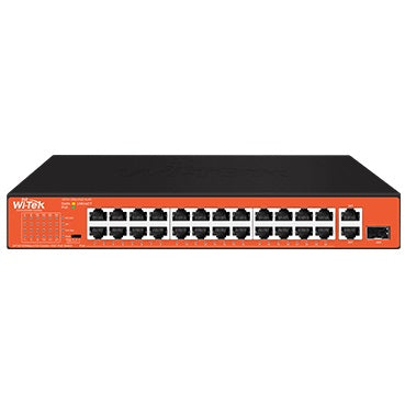 Wi-Tek 26-Port Unmanaged POE Switch, 24 x POE, 1 x SFP, 2 x Gigabit Uplink, 250m Transmission Distance on CCTV Mode, 198W, Max 30W Per Port, Rack Mount
