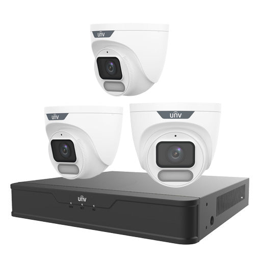 Uniview 4CH Easy Series Wise-ISP Full Colour 4MP Turret Kit - 1× NVR301-04B-P4-IQ, 3× IPC3624LE-ADF28K-WP | Perimeter, OwlView, 2.8mm, 120dB WDR, 30m White Light, Built-in Mic, POE or 12VDC, IP67 (Wall Mount: TR-WM03-D-IN, Junction Box: TR-JB03-I-IN) **