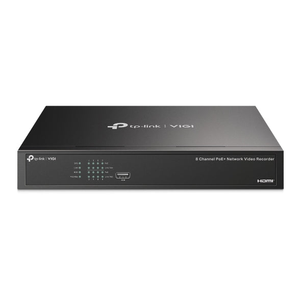 VIGI By TP-Link 8 Channel PoE NVR, 4K HDMI & VGA Output, 8MP Support, 8 Channel @ 2MP / 4 Channel @ 4MP Decoding, 80Mbps Bandwidth, H.265+, Smart Detection & Alarms, Two-Way Audio, Simultaneous Playback, ONVIF, Remote Monitoring, Single SATA up to 16TB,