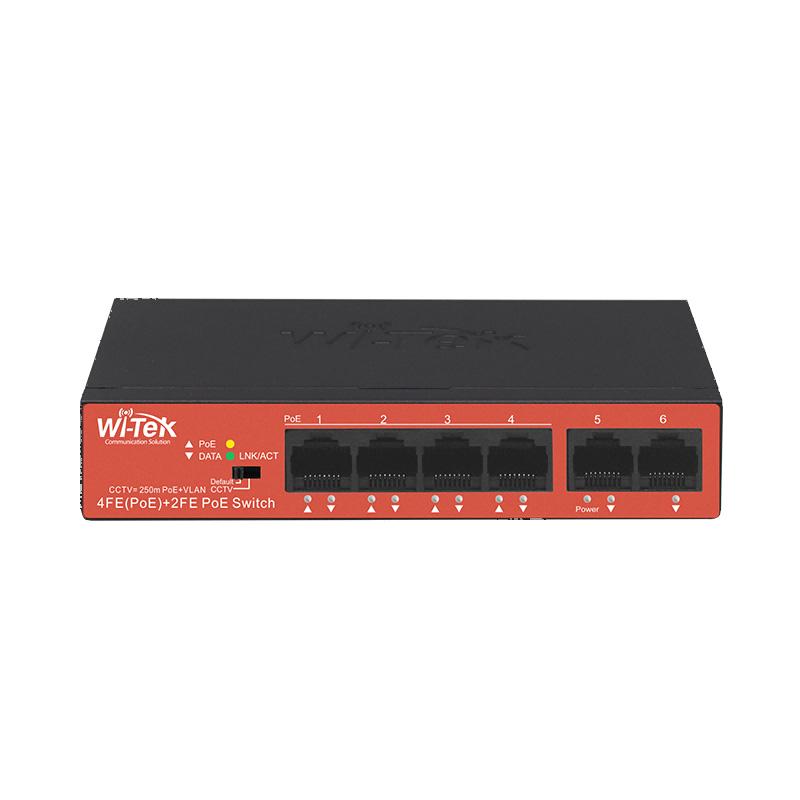 Wi-Tek 6-Port Unmanaged POE Switch, 4 x POE, 2 x Uplink, 250m Transmission Distance on CCTV Mode, 40W, Max 30W Per Port, Desktop / Wall Mount