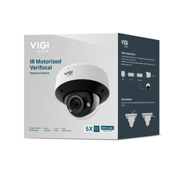 VIGI By TP-Link 4MP Varifocal Dome, 1/2.9" CMOS, 2.7–13.5mm Motorized Lens (5x), 120dB WDR, IR 60m, Human & Vehicle Detection, People & Vehicle Analytics, Smart Detection, SmartVid (Smart IR, 3D DNR, BLC), Built-in Mic, Audio & Alarm I/O, MicroSD Slot u