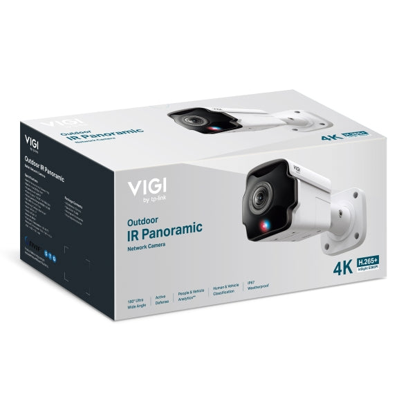 VIGI By TP-Link 8MP Panoramic Bullet, 1/2.7" CMOS, 1.65mm F2.0, 180° Horizontal FoV, 120dB True WDR, IR 20m, Red/Blue Strobe, Human & Vehicle Detection, Analytics, Built-in Mic & Speaker, Audio I/O, MicroSD Slot, H.265+, IP67, IK10, 12VDC/PoE