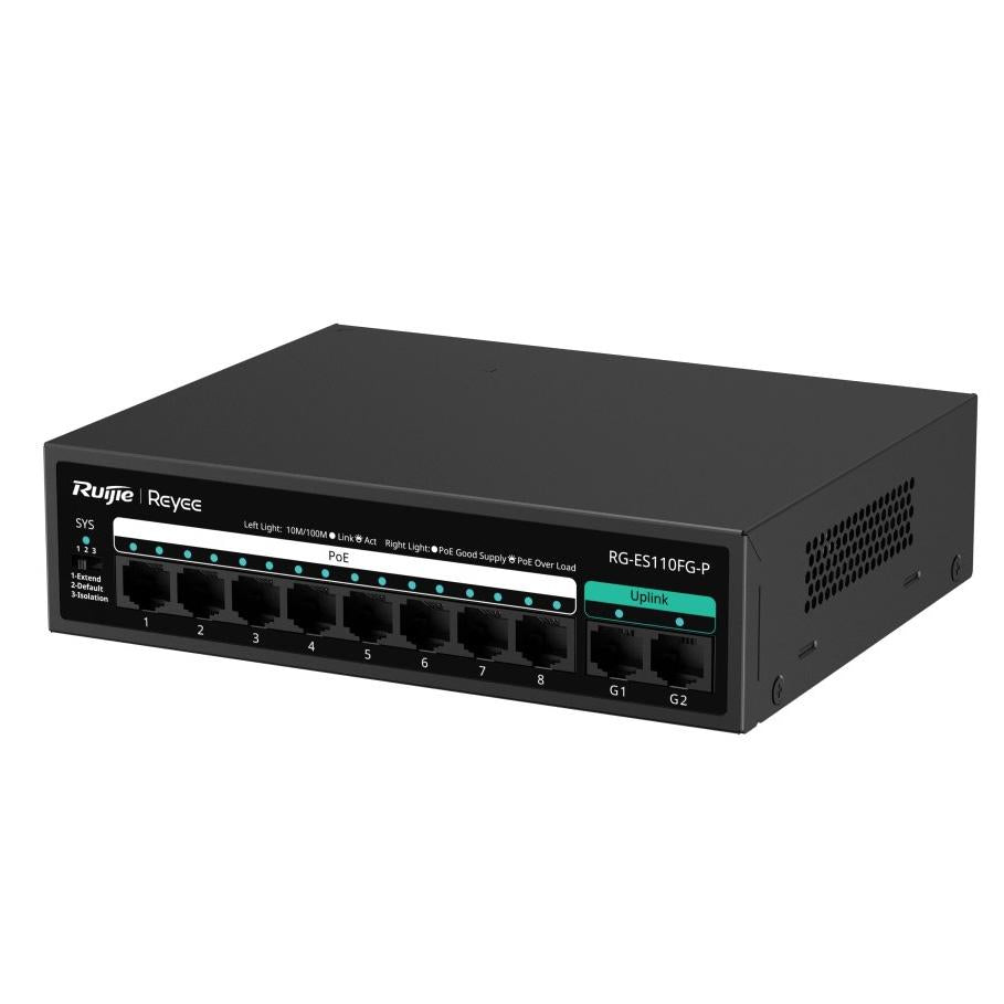 Ruijie Reyee 10-Port Gigabit Unmanaged POE Switch, 8 x POE+ 10/100Mbps Port, 2 x Gigabit Uplink, 250m Transmission Distance on Extend Mode, 110W, Desktop / Wall Mount