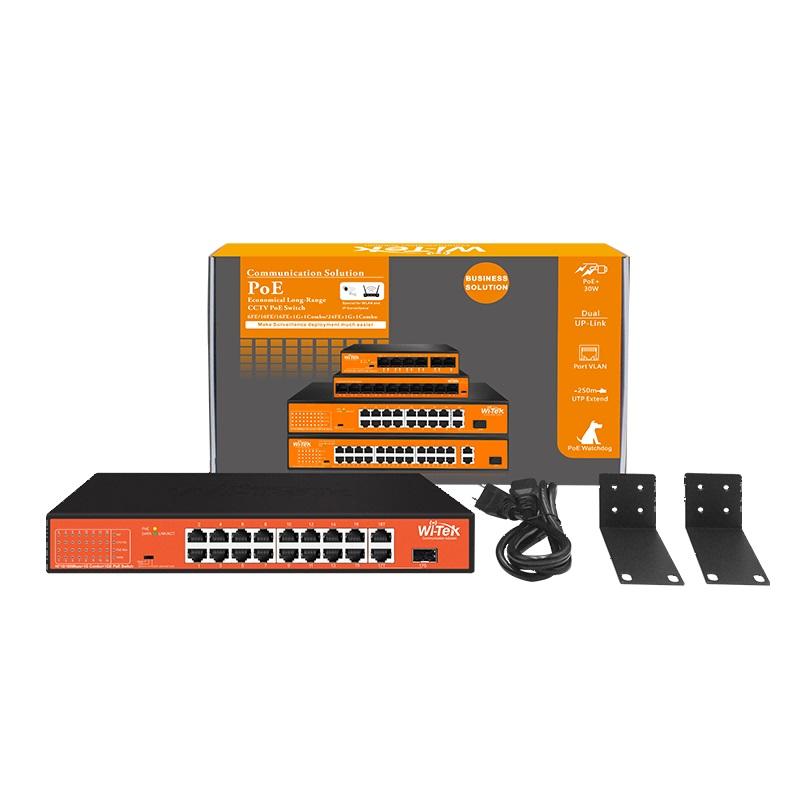 Wi-Tek 18-Port Unmanaged POE Switch, 16 x POE, 1 x SFP, 2 x Gigabit Uplink, 250m Transmission Distance on CCTV Mode, 197W, Max 30W Per Port, Rack Mount