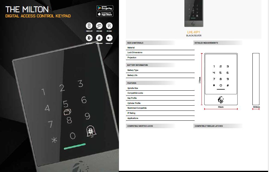 Lionhead Lock Access Keypad, TTLock App Compatible, Bluetooth Support, 12VDC Powered, IP66 Rating