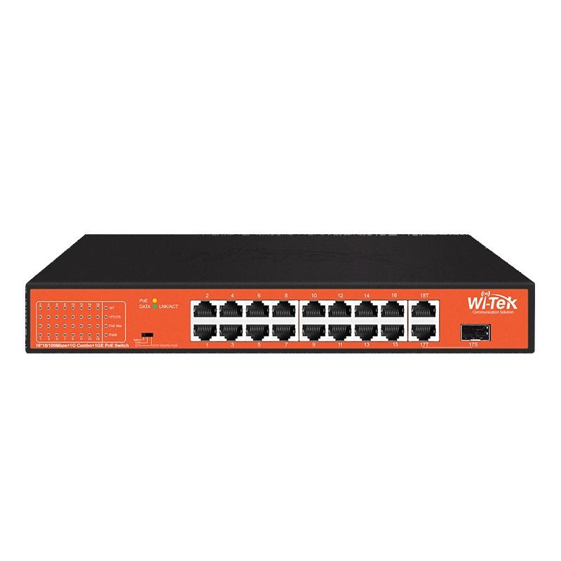 Wi-Tek 18-Port Unmanaged POE Switch, 16 x POE, 1 x SFP, 2 x Gigabit Uplink, 250m Transmission Distance on CCTV Mode, 197W, Max 30W Per Port, Rack Mount