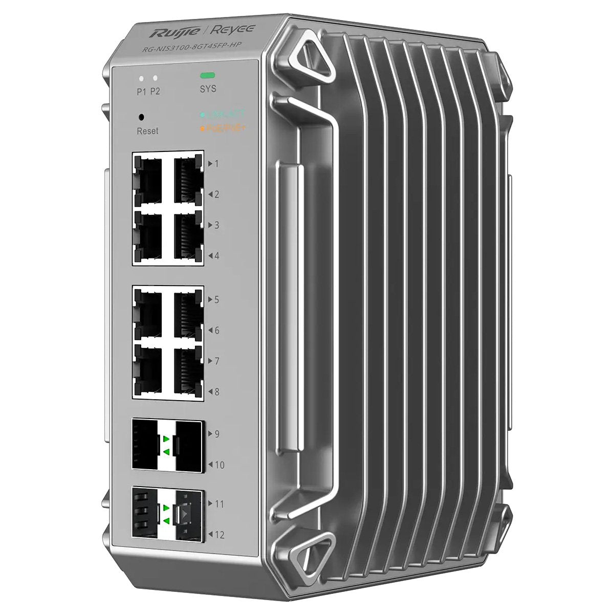 Ruijie Reyee 12-Port Gigabit Cloud Managed Industrial POE Switch, 8 x POE+, 4 x SFP, 12/48 VDC, 60W (240W Powered By 48VDC) DIN Mount