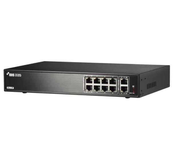 IDIS 10-Port Gigabit Unmanaged DirectIP POE Switch, 8 x POE+ 10/100Mbps Port, 2 x Gigabit Uplink, 70W, Desktop / Wall Mount