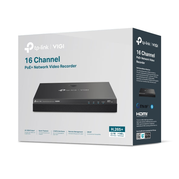 VIGI By TP-Link 16 Channel PoE+ NVR, 4K HDMI Output, 16 Channel @ 2MP Decoding, 320Mbps Bandwidth, H.265+, 16 Channel Live View & Playback, ONVIF, Plug & Play, Remote Monitoring, Dual HDD up to 32TB, eSATA, 16× PoE+ Ports, 140W PoE Budget