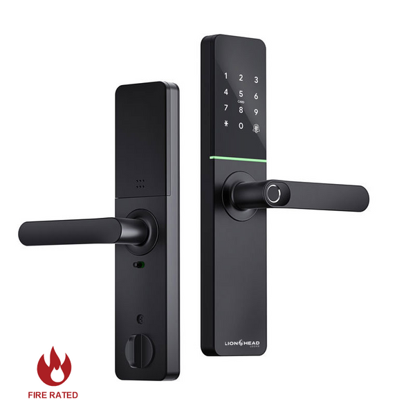 Lionhead Lock Enmore Luxe Series **BLACK** Leverset Electric Mortice Lock With BLE, PIN Entry, Fingerprint / Prox Reader, E-Key & Key Overridable Lock, Track Key 6068 FIRE RATED (ECORE & FIRECORE) **REQUIRES 4x AA BATTERIES**