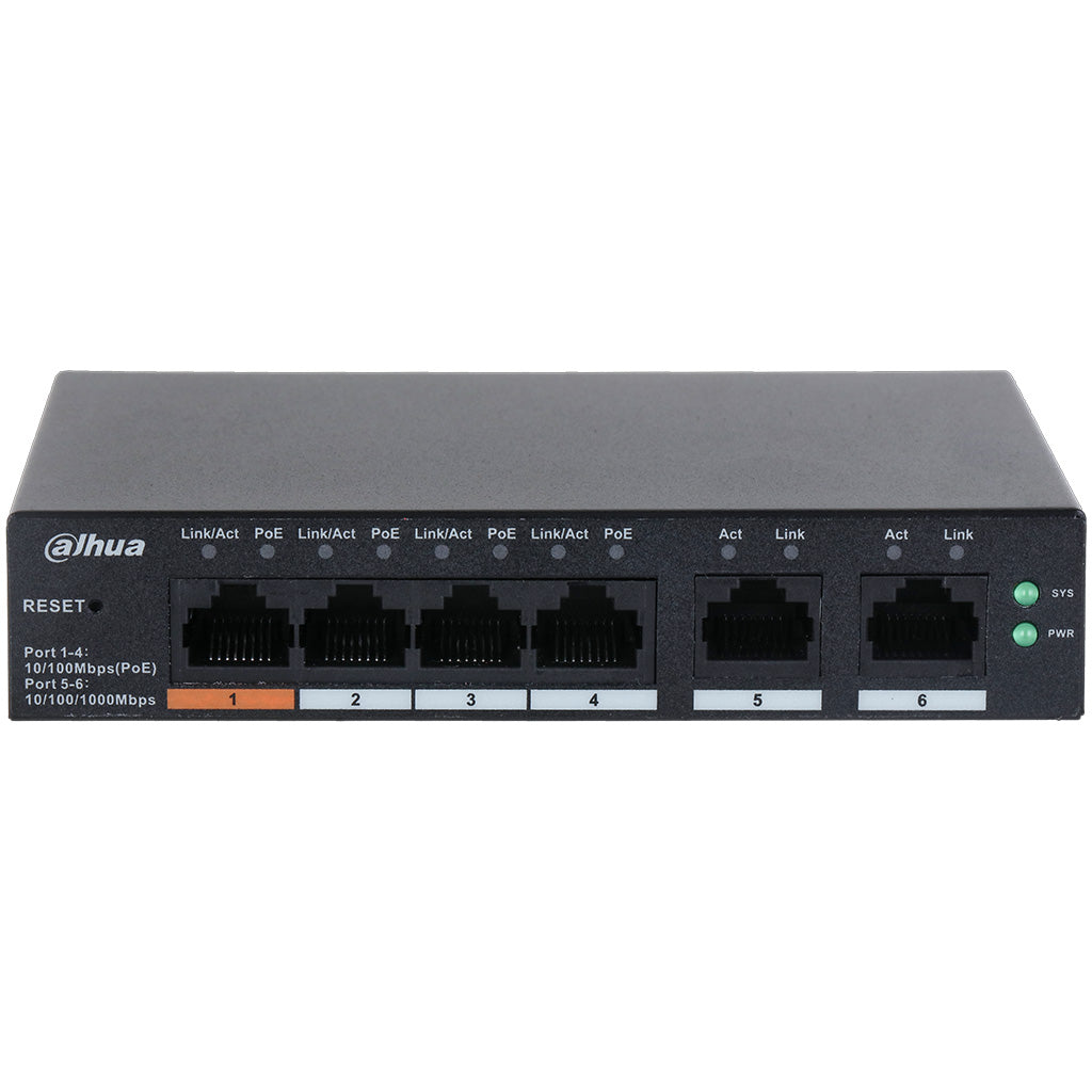 Dahua 6-Port Gigabit Layer 2 Cloud Managed Hi-POE 250M Switch, 4 x POE 10/100Mbps Port, 2 x Gigabit Uplink, 60W, Max 60W On Port 1, Desktop / Wall Mount
