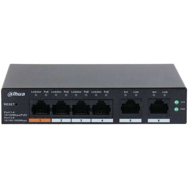 Dahua 6-Port Gigabit Layer 2 Cloud Managed Hi-POE 250M Switch, 4 x POE 10/100Mbps Port, 2 x Gigabit Uplink, 60W, Max 60W On Port 1, Desktop / Wall Mount