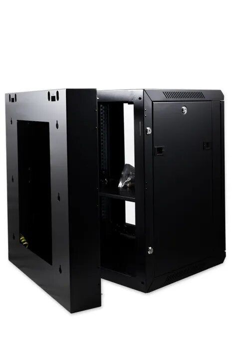 Certech 12RU 600mm Deep Swing Frame Cabinet With 1 x Fixed Shelf, 2 x Fans, 1x 6 Outlet PDU and 10 x Cage Nuts